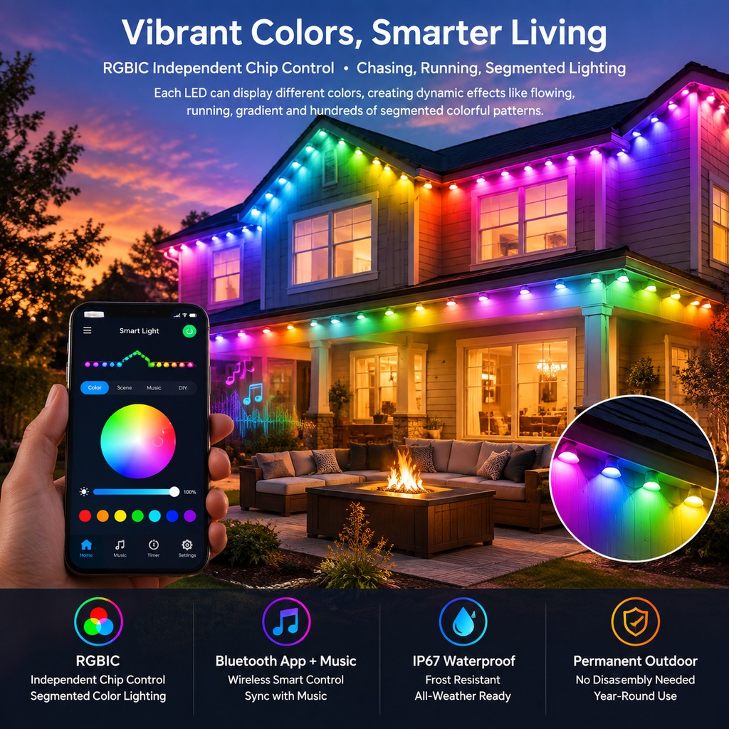 Bluetooth RGBIC Color-Changing Eave String Lights—Smart App-Controlled Music-Synced Roof Decorative Lights
