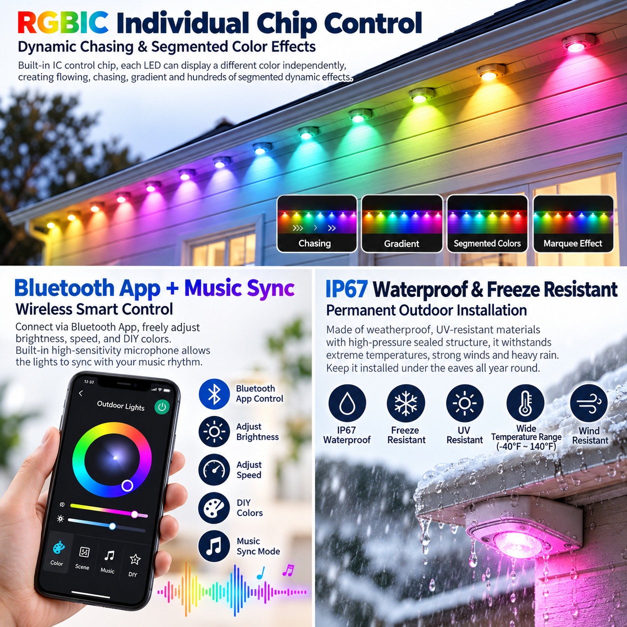 Bluetooth RGBIC Color-Changing Eave String Lights—Smart App-Controlled Music-Synced Roof Decorative Lights