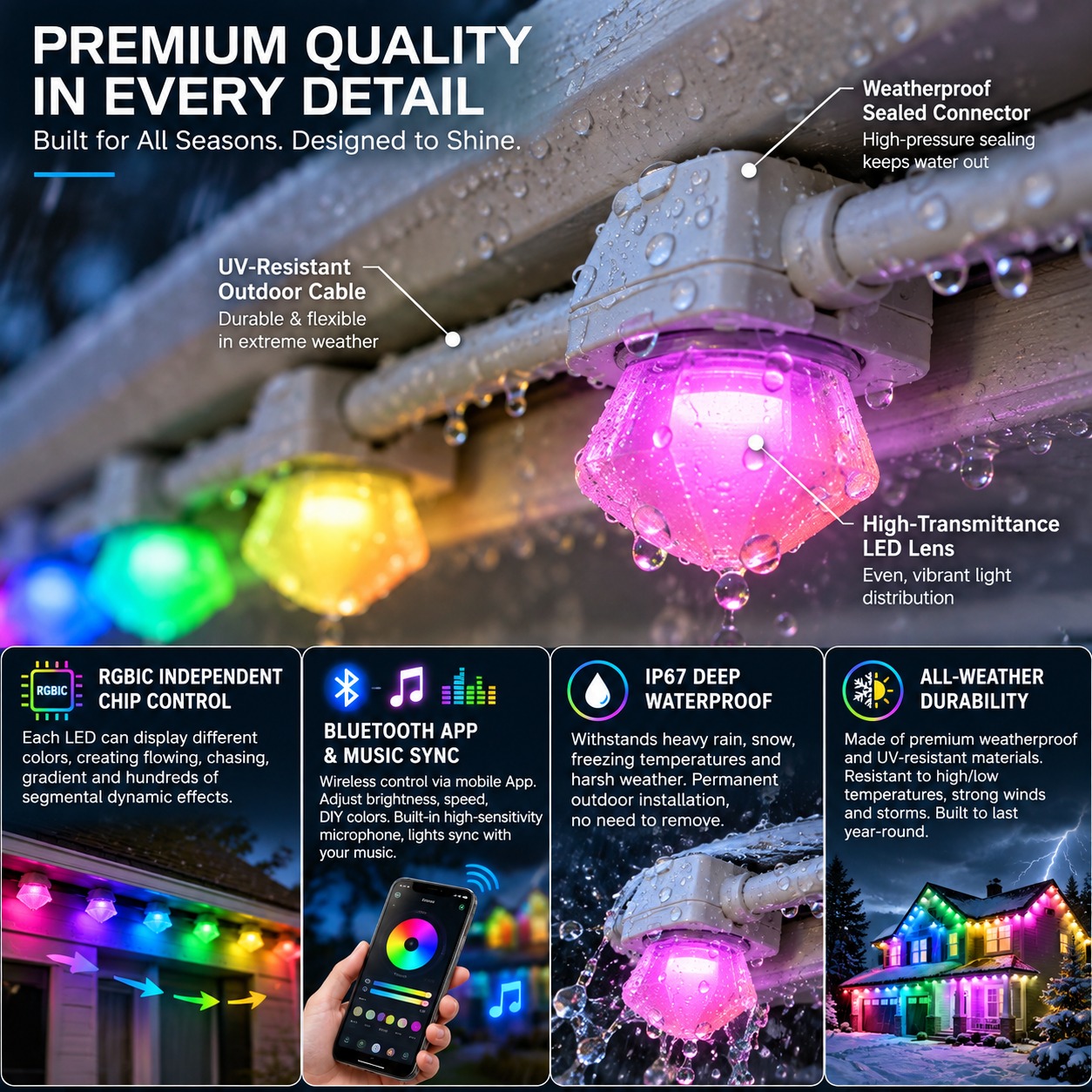 Bluetooth RGBIC Color-Changing Eave String Lights—Smart App-Controlled Music-Synced Roof Decorative Lights