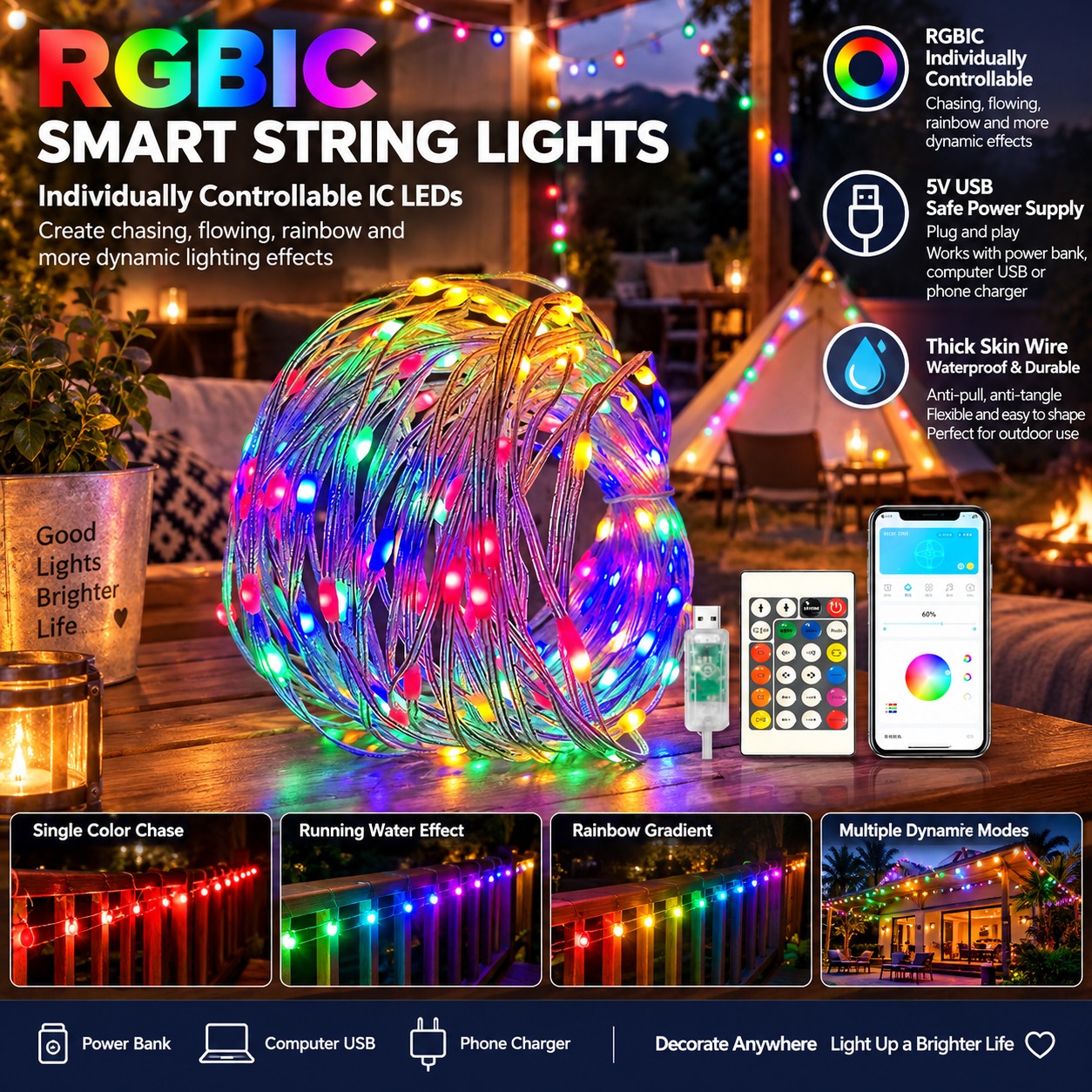 Prismatic USB Leather-Cord String Lights: 5V Outdoor "Starry Sky" LED Strip Lights