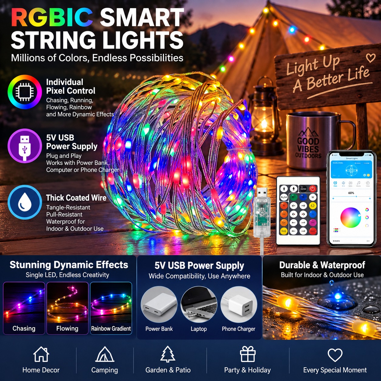 Prismatic USB Leather-Cord String Lights: 5V Outdoor "Starry Sky" LED Strip Lights