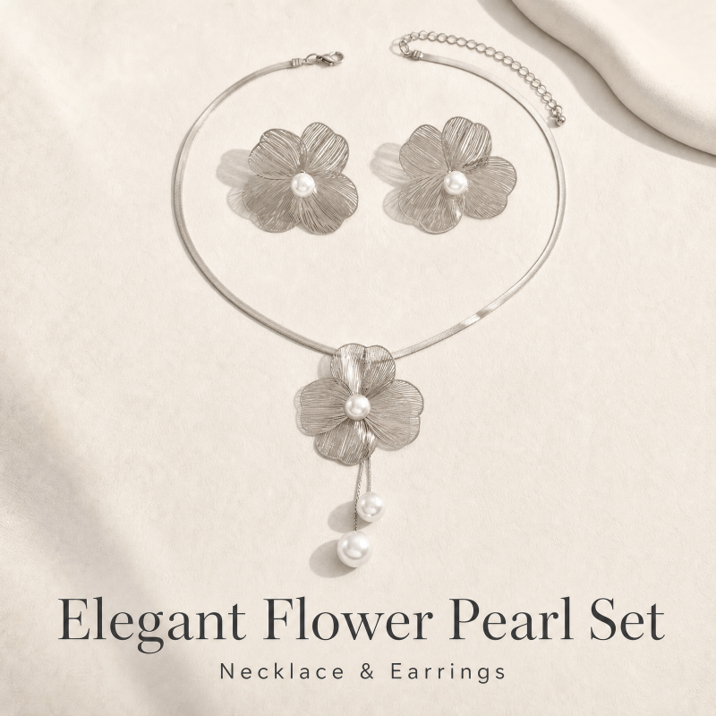 Elegant Flower Pearl Necklace & Earrings Set for Women