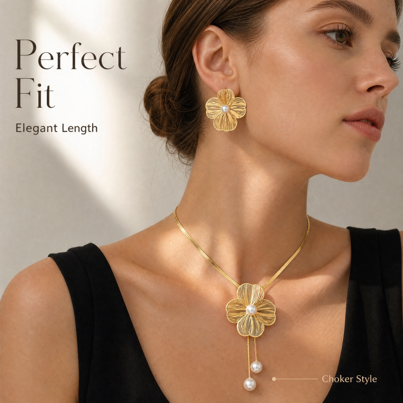 Elegant Flower Pearl Necklace & Earrings Set for Women