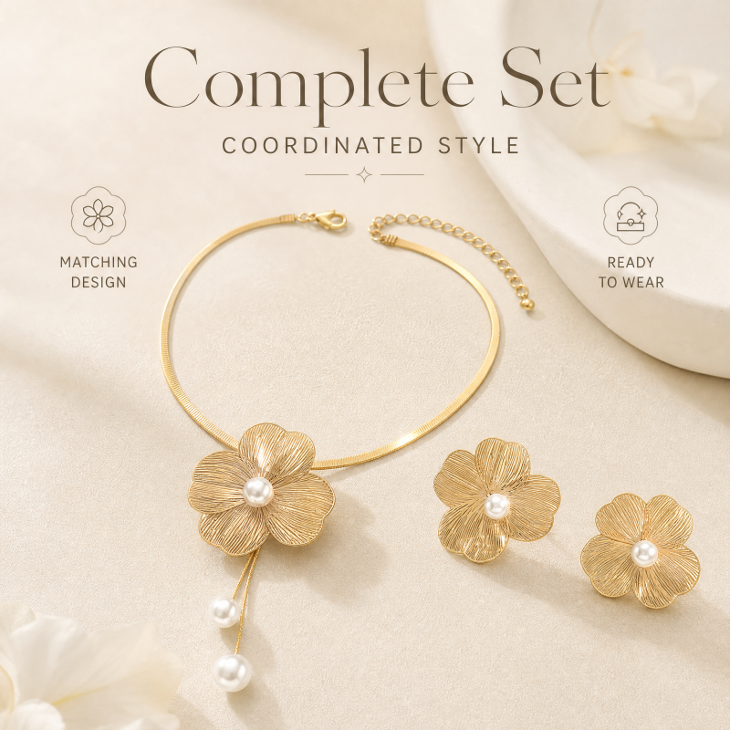 Elegant Flower Pearl Necklace & Earrings Set for Women