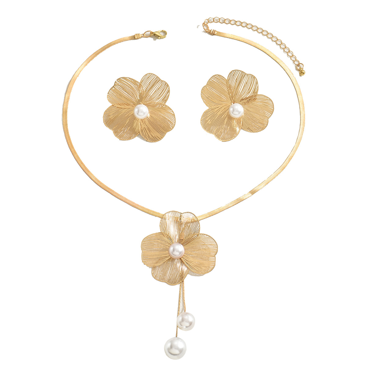 Elegant Flower Pearl Necklace & Earrings Set for Women