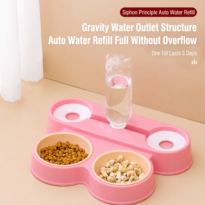 Plastic Cat and Dog Bowls, Automatic Water and Food Dispensers, Neck-Protecting Cat Food Bowls, Pet Bowls, Double-Bowl Sets, Pet Supplies