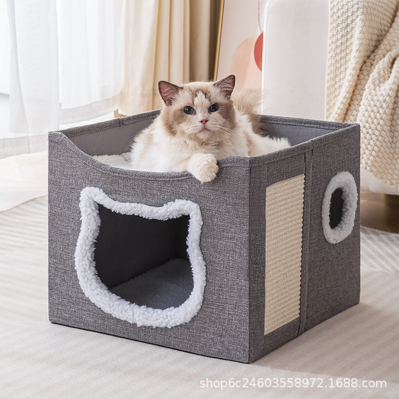 All-Season Cat Bed/Cat Villa—Foldable, Two-Tier Pet Bed with Scratching Post and Washable Pad—Dog Bed