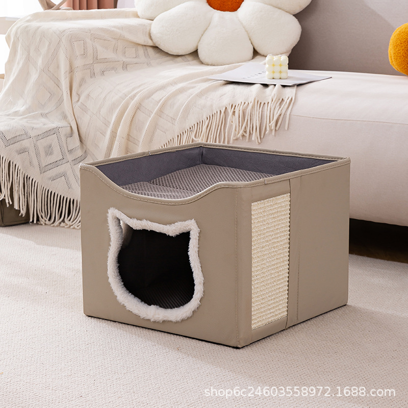 All-Season Cat Bed/Cat Villa—Foldable, Two-Tier Pet Bed with Scratching Post and Washable Pad—Dog Bed