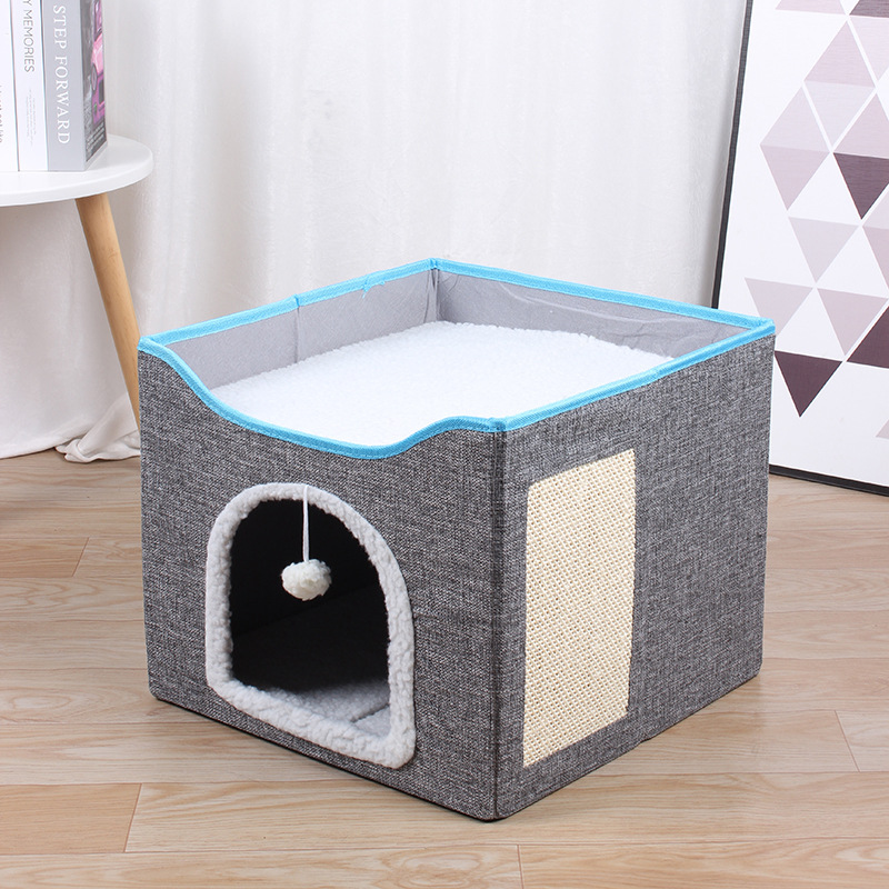 All-Season Cat Bed/Cat Villa—Foldable, Two-Tier Pet Bed with Scratching Post and Washable Pad—Dog Bed