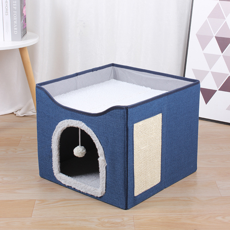 All-Season Cat Bed/Cat Villa—Foldable, Two-Tier Pet Bed with Scratching Post and Washable Pad—Dog Bed