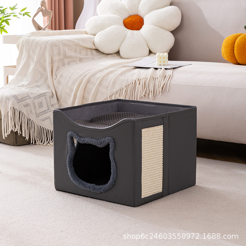 All-Season Cat Bed/Cat Villa—Foldable, Two-Tier Pet Bed with Scratching Post and Washable Pad—Dog Bed