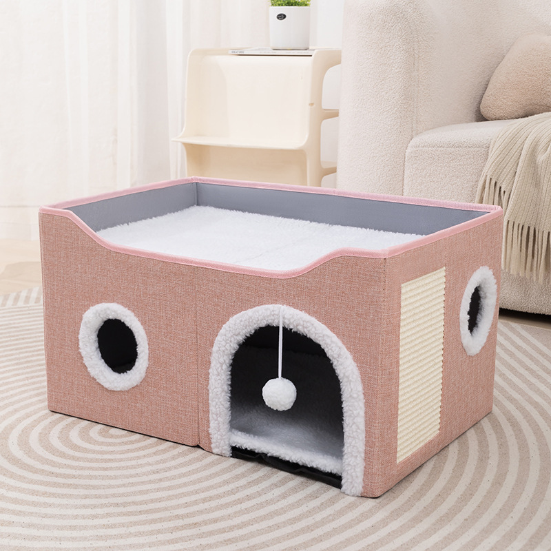 All-Season Cat Bed/Cat Villa—Foldable, Two-Tier Pet Bed with Scratching Post and Washable Pad—Dog Bed