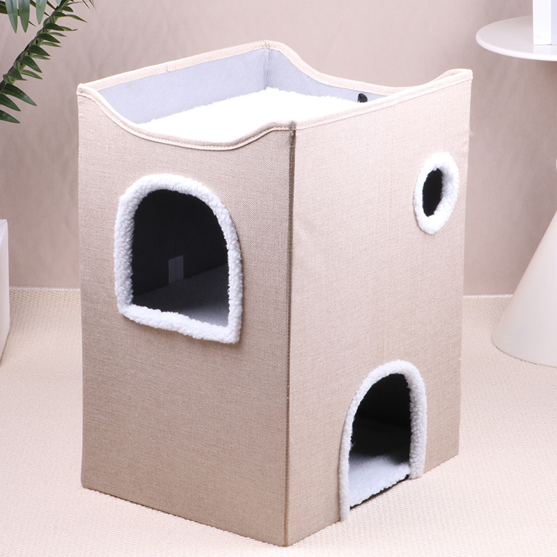 All-Season Cat Bed/Cat Villa—Foldable, Two-Tier Pet Bed with Scratching Post and Washable Pad—Dog Bed